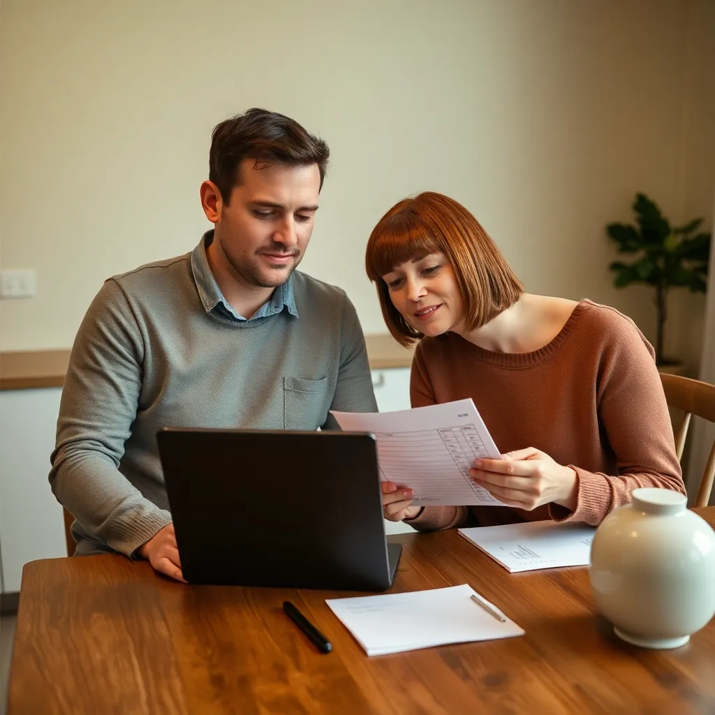 Nederlands echtpaar dat budgetcategorieën bespreekt met papieren en tablet op eettafel