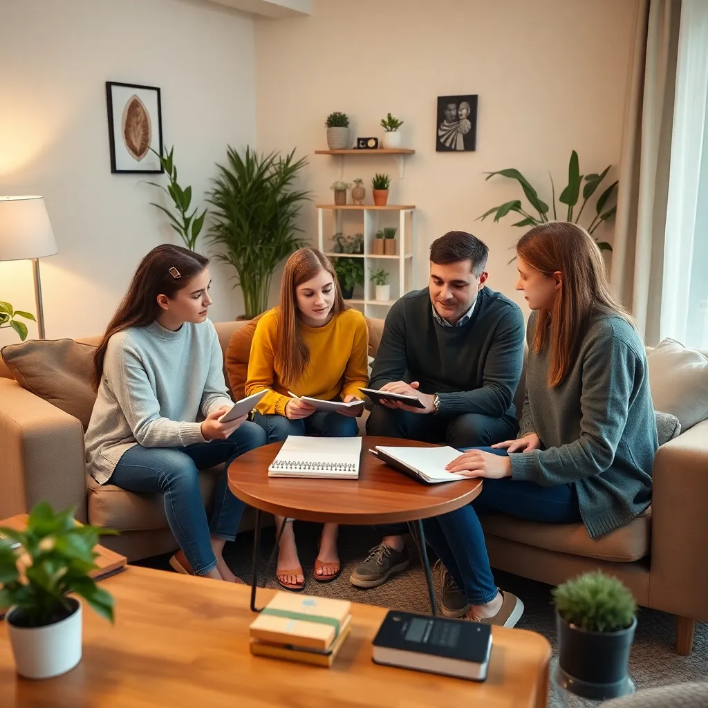 Nederlands gezin met tieners in woonkamer tijdens financieel gezinsoverleg