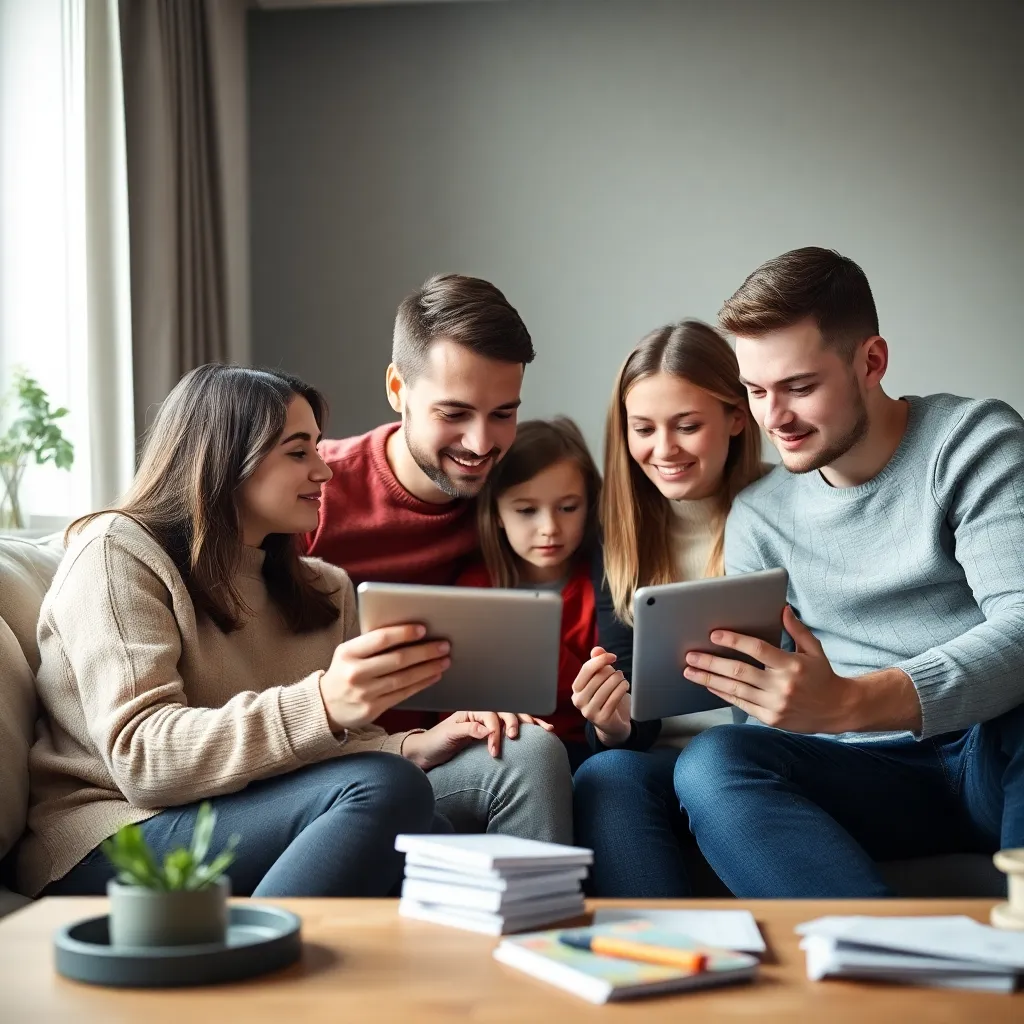 Jonge ouders bekijken financiële apps op tablet